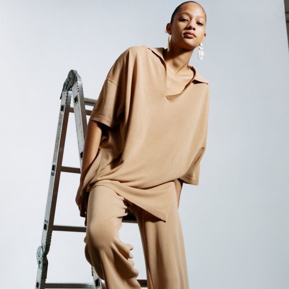 Zara Knit 2 Piece Polo & Culotte Set | Tan | Small